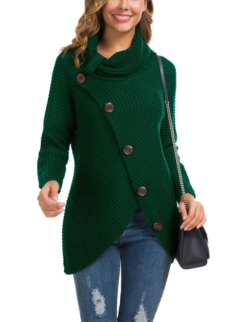 GRECERELLE Women's Fall Chunky Turtleneck Long Sleeve Asymmetric Hem Loose Knit Pullover Sweaters Tops, Dark Green, M - Image 2